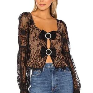 REVOLVE Black Lace Blouse with Bow Accents